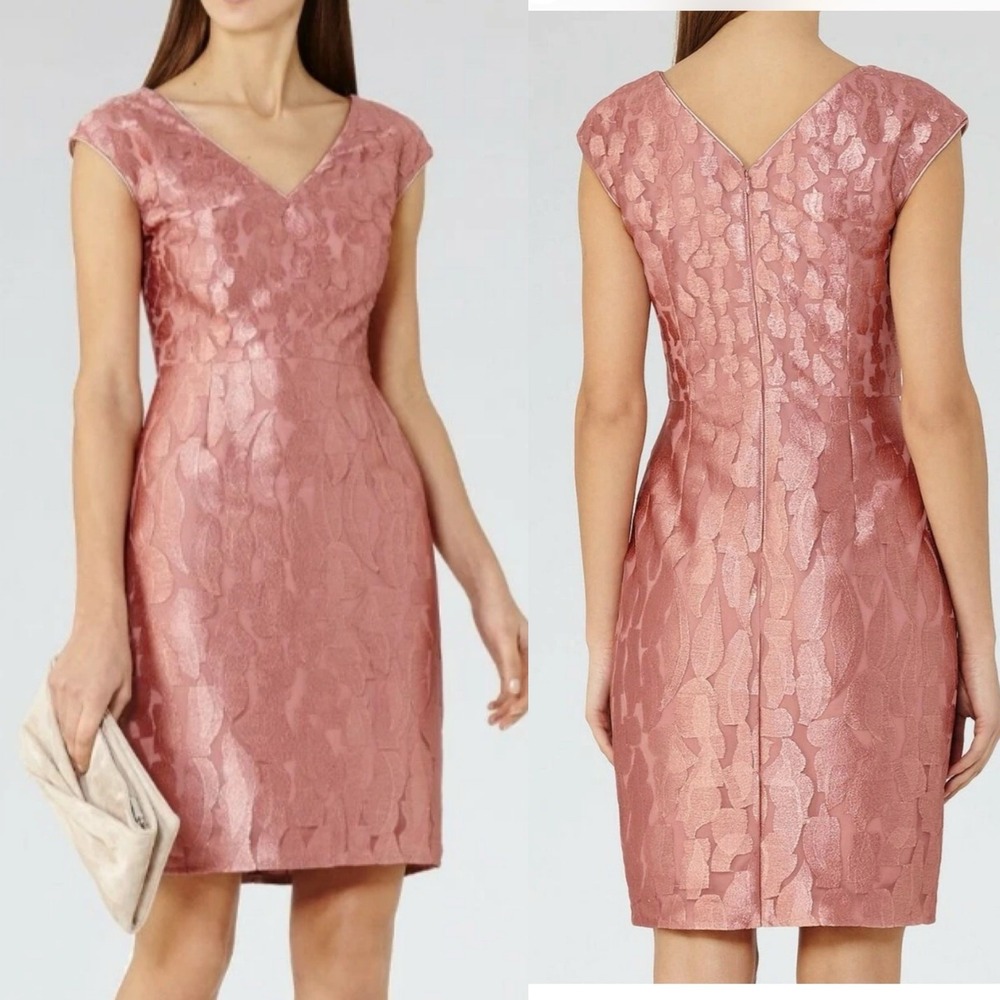 REISS Rose Gold Nora Cap Sleeve Patterned Overlay V Neck Sheath Dress - 0